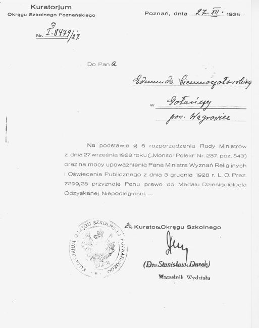 Dyplom Edmund Ciemnoczołowski Medal Niepodleglosci