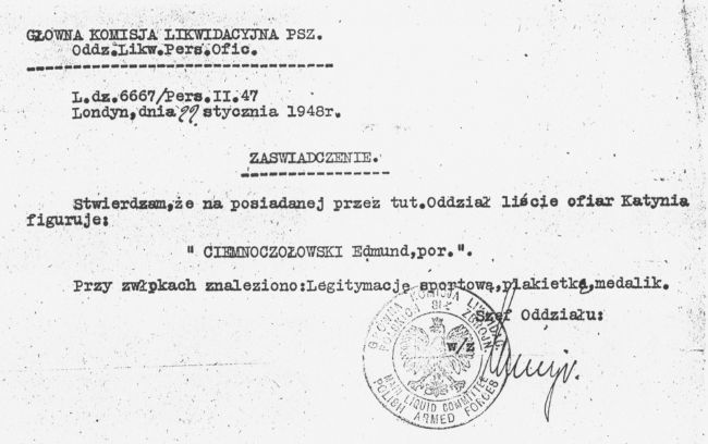 Informacja z Londynu dotyczące Edmunda Ciemnoczołowskiego