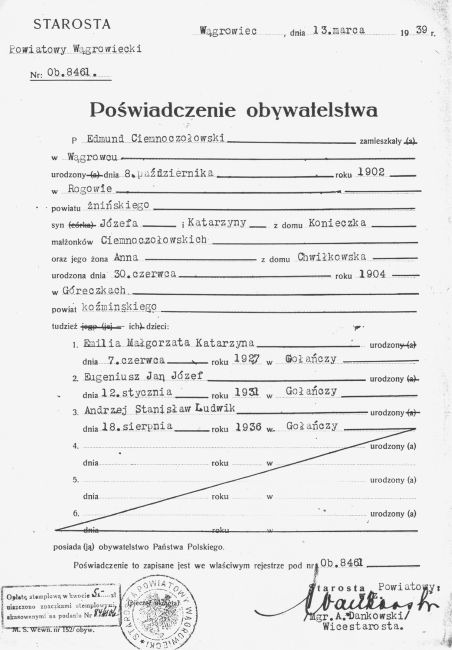 Poświadczenie obywatelstwa polskiego Edmunda Ciemnoczołowskiego i jego rodziny 1939 rok
