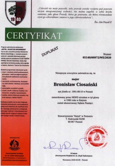Certyfikat dębu pamięci Bronisława Ciosańskiego