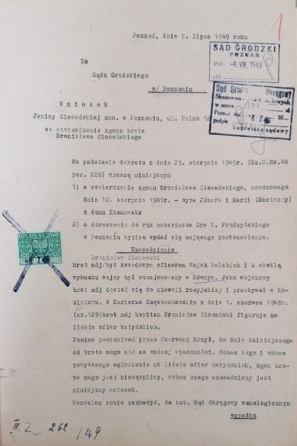 Wniosek o uznanie za zmarłego Bronisława Ciosańskiego