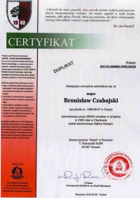 Czabajski_Bronislaw-Certyfikat Certyfikat dębu pamięci Bronisława Czabajskiego