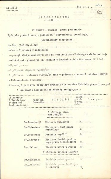 Dokumenty absolutoryjna Stanisława Czaka.