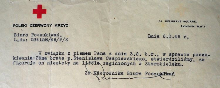Listy z Czerwonego Krzyża dotyczące Stanisława Czapiewskiego.