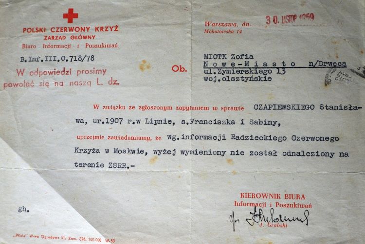 Listy z Czerwonego Krzyża dotyczące Stanisława Czapiewskiego.