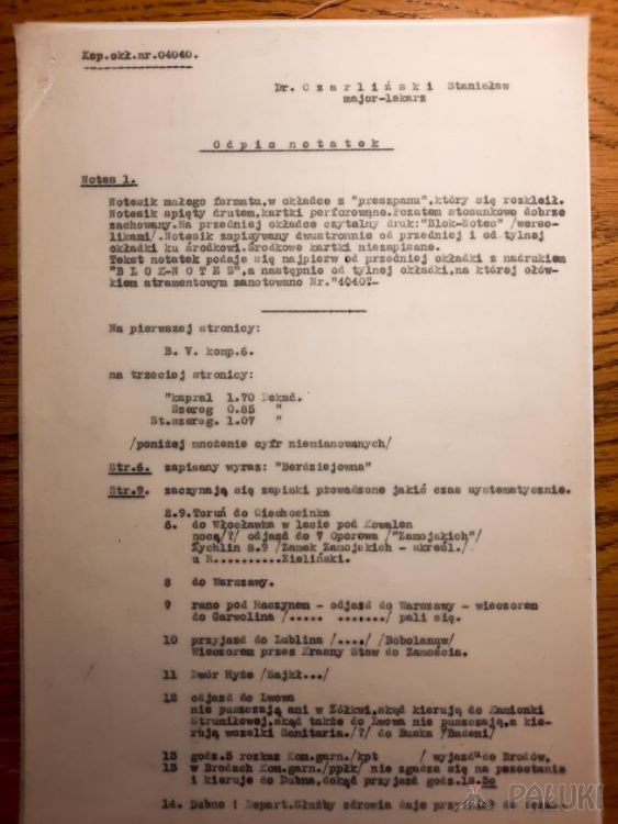 Oryginalny, sporządzony w 1943 roku maszynopis odpisu notatnik&oacute;w Stanisława Czarlińskiego.