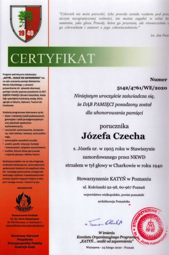 Certyfikat Dębu Pamięc J&oacute;zefa Czecha