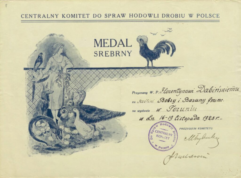 Florentyn Dabiński hodował drób. Na wystawie w Toruniu w dniach 16-17 listopada 1928 roku jego króliki zdobyły srebrny medal.