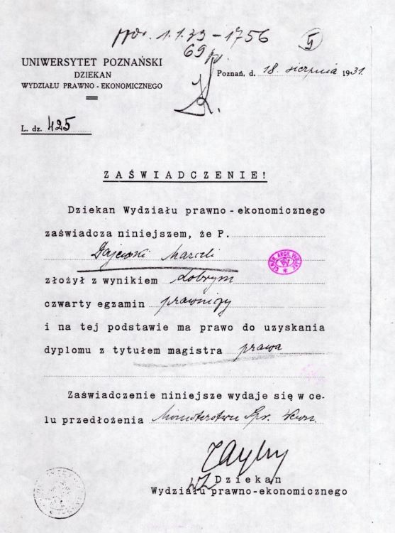 Zaświadczenie zdania egzaminu prawniczego Marcelego Dajewskiego.