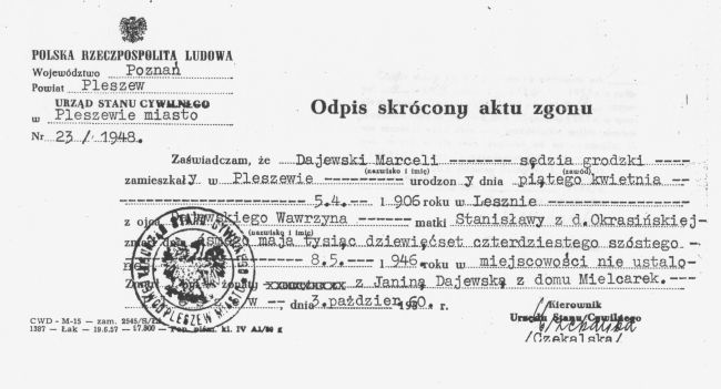Skr&oacute;cony odpis aktu zgonu Marcelego Dajewskiego