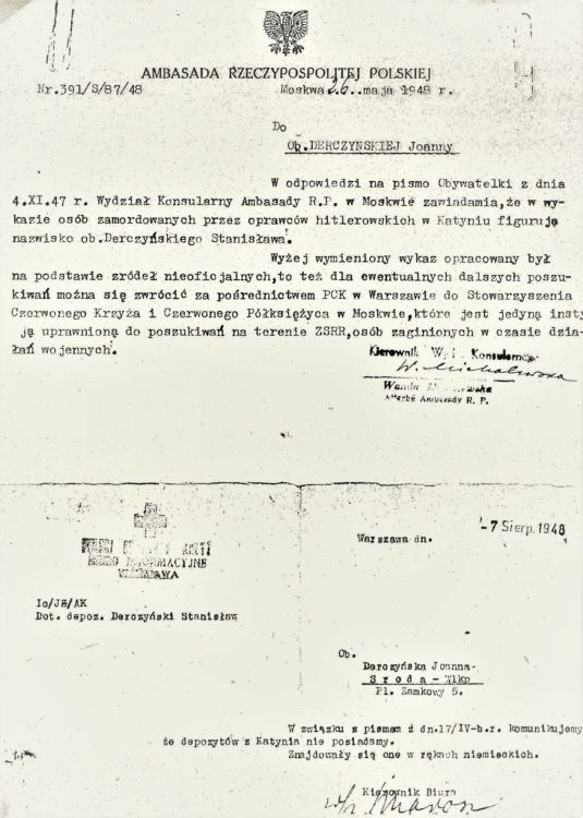 Pismo Ambasada Rzeczypospolitej Polskiej w Moskwie z dnia 26 maja 1948 roku w sprawie Stanisława Derczyńskiego.