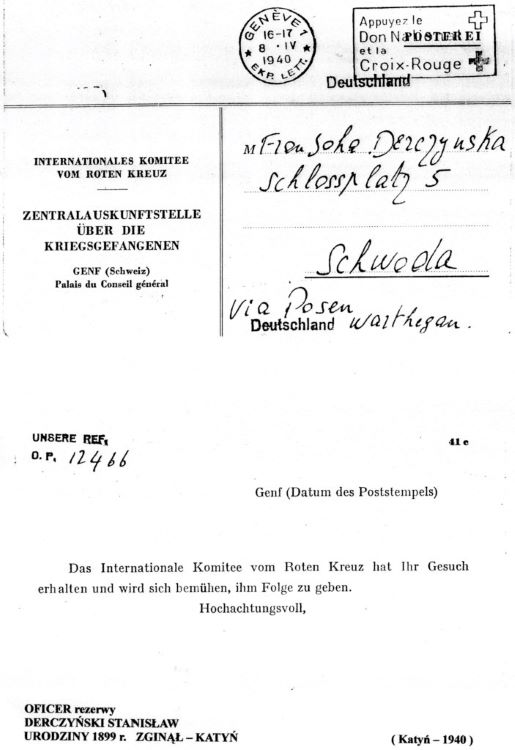 Informacja z MCK w sprawie Stanisława Derczyńskiego.