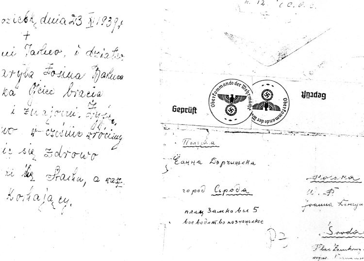 List otrzymany przez rodzinę 26 listopada 1939 roku z obozu w Kozielsku od Stanisława Derczyńskiego.