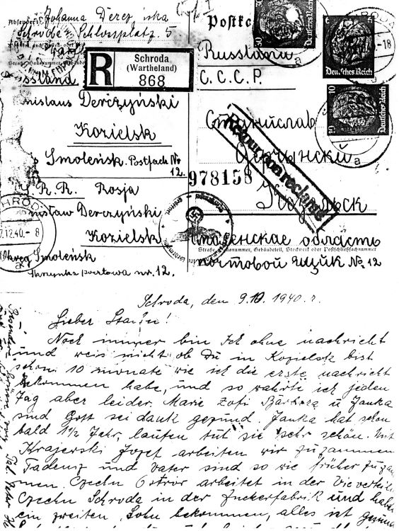 Kartka wysłana przez rodzinę do Stanisława Derczyńskiego - zwrócona rodzinie.