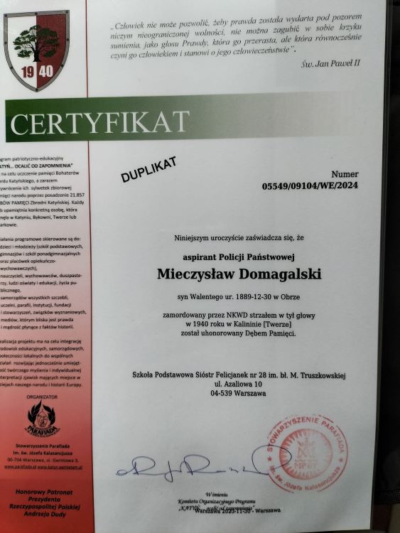 Domagalski_Mieczyslaw-dab Certyfikat dębu pamięci Mieczysława Domagalskiego