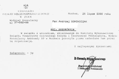 Pismo z ambasady polskiej dotyczące Antoniego Dominiczaka