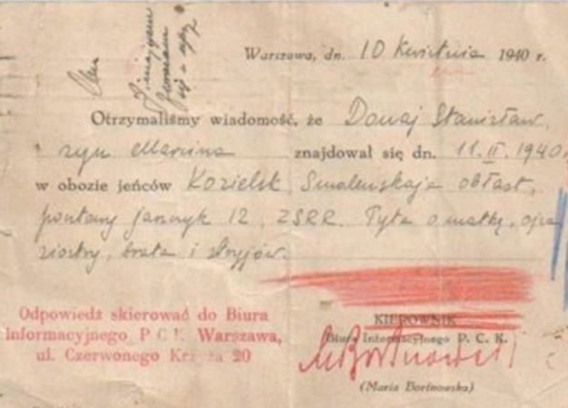 Kartka z biura informacyjnego PCK w Warszawie dotycząca Stanisława Donaj.