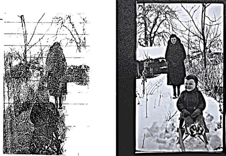 "dziecko na saneczkach,
za którym stoi kobieta na tle drzew" - odbitka fotografii odnaleziona w rzeczach Stanisława Dorczyka