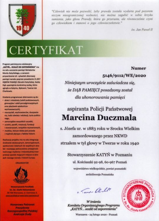 Certyfikat Dąb Pamięci Marcina Duczmala