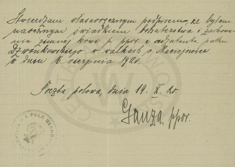 Opinie świadk&oacute;w dotyczące wniosku podporucznika Jerzego Dzwonkowskiego z dnia 19.X.1920 roku. 