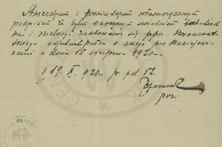 Opinie świadk&oacute;w dotyczące wniosku podporucznika Jerzego Dzwonkowskiego z dnia 19.X.1920 roku. 