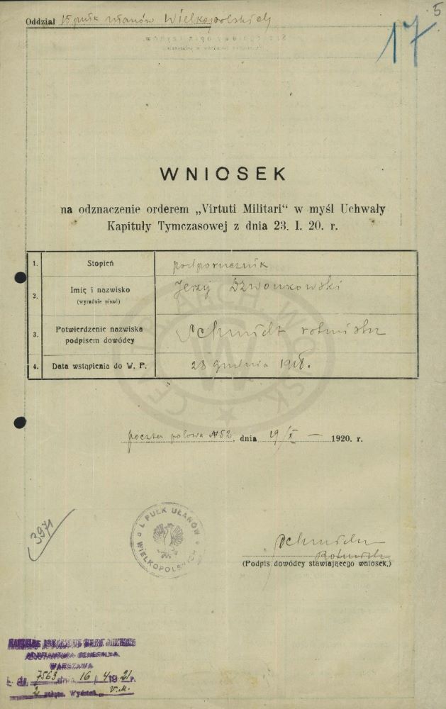 Wniosek na odznaczenie orderem "Virtuti Militari" 
podporucznika Jerzego Dzwonkowskiego. 
