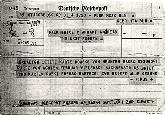 Telegram z obozu NKWD Starobielsk od pana Jana Fikusa