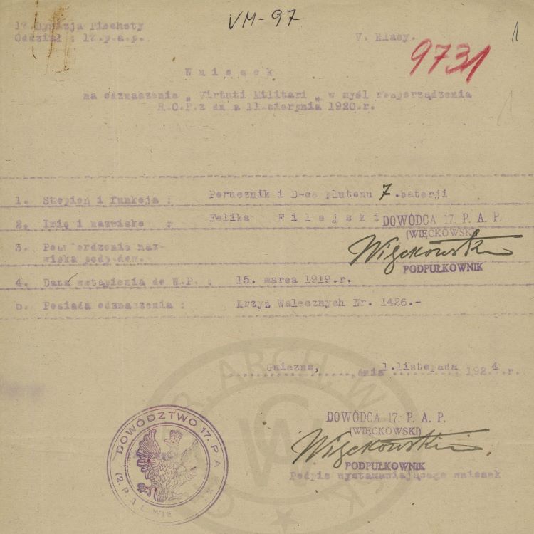 Wniosek o Virtuti Militari dla Feliksa Mariana Filejskiego.