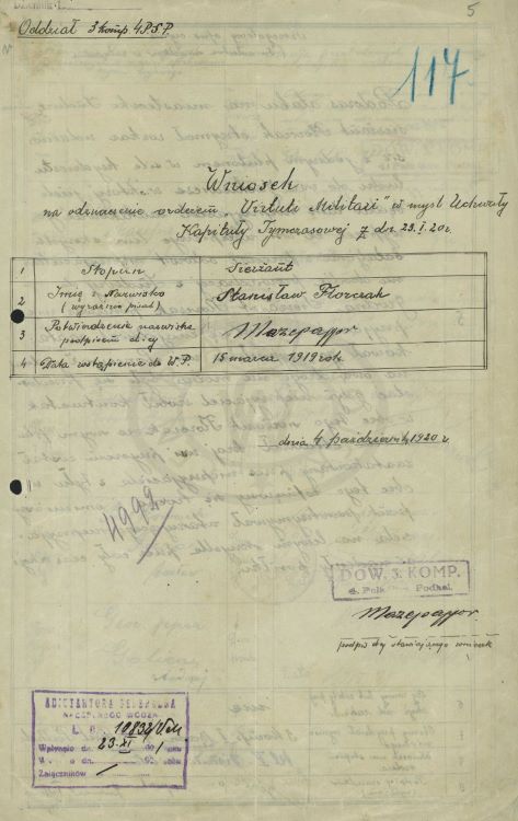 Wniosek na odznaczenie Virtuti Militari - Stanisław Florczak.