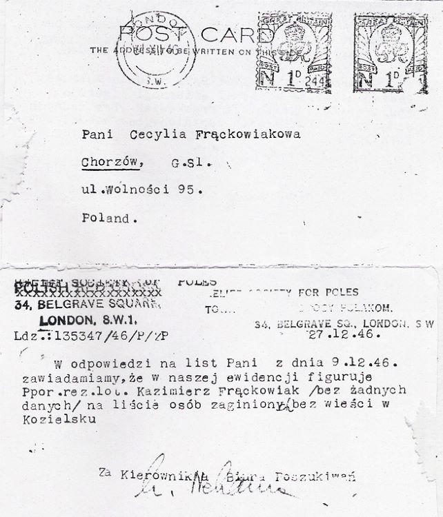 List z Towarzystwa Pomocy Polakom w Wielkiej Brytanii w odpowiedzi na poszukiwanie podporucznika Kazimierza Frąckowiaka.