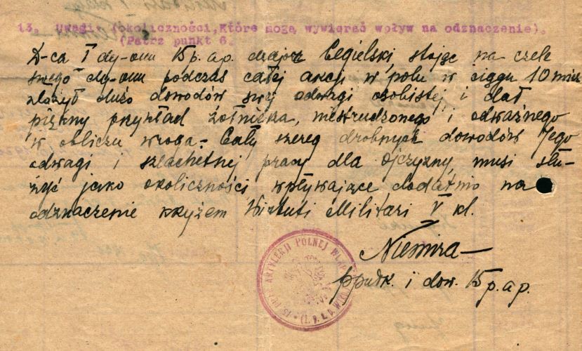 Opinia podpułkownika Rudolfa Niemira załączona do wniosku o odznaczenie orderem Virtuti Militari majora Jerzego Wojciecha Cegielskiego. 