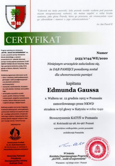 Certyfikat dębu pamięci Edmunda Gaussa.