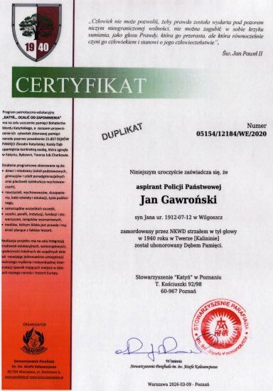 Gawronski_Jan-certyfikat Certyfikat dębu pamięci Jana Gawrońskiego