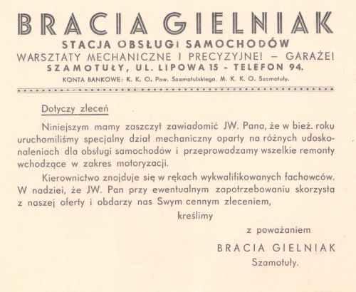 Firma Braci Gielniak. Lata 30-te XX wieku. 