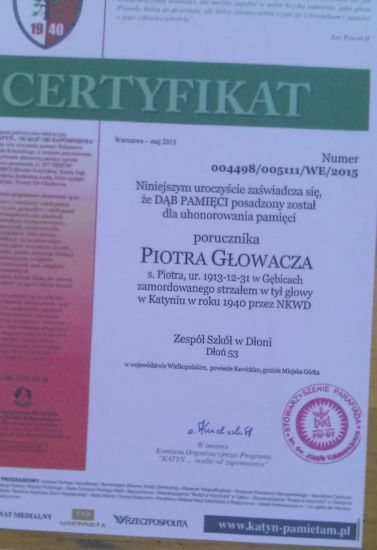 Certyfikat programu "Katyń... ocalić od zapomnienia" dla Piotra Głowacza.
