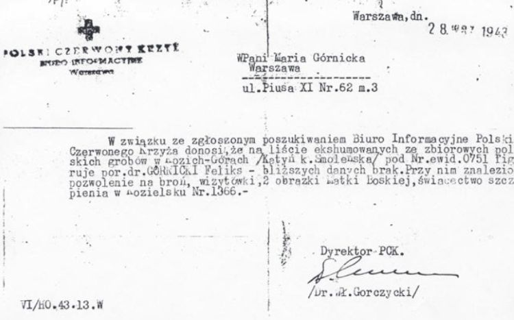 Zaświadczenie z PCK dla żony Feliksa Górnickiego - Marii Górnickiej.