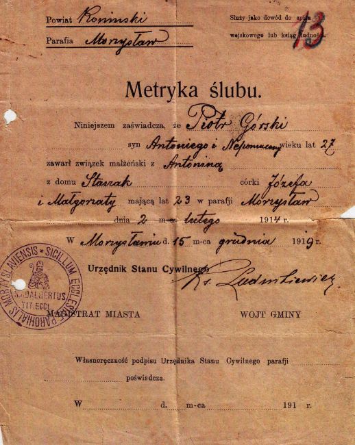 Akt ślubu Piotra G&oacute;rskiego i Antoniny Staszak.