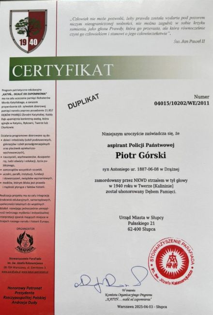 Certyfikat dębu pamięci Piotra G&oacute;rskiego