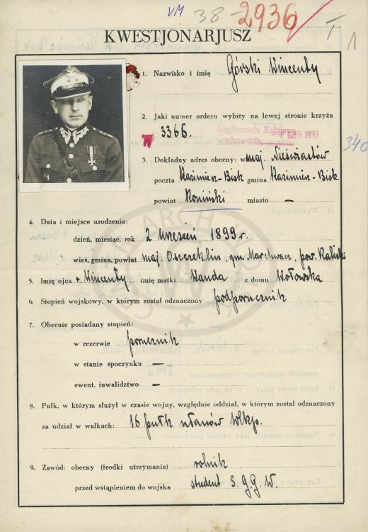Kwestionariusz wojskowy Wincenty G&oacute;rski