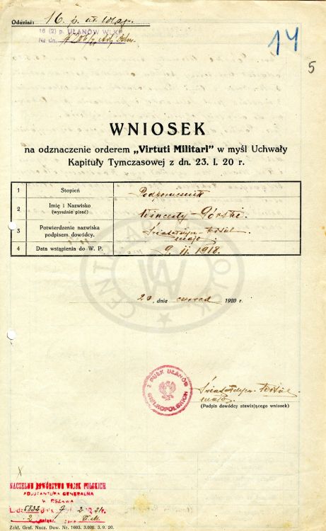 Wniosek na odznaczenie Virtuti Militari Wincenty G&oacute;rski