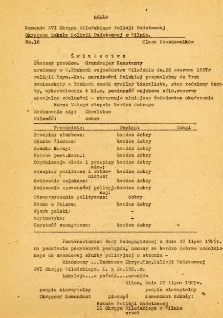 Odpis dokumentów ze szkoły policyjnej Konstantego Gruntmejera