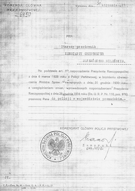 Przeniesienie do Komendy w Poznaniu - Konstanty Gruntmejer