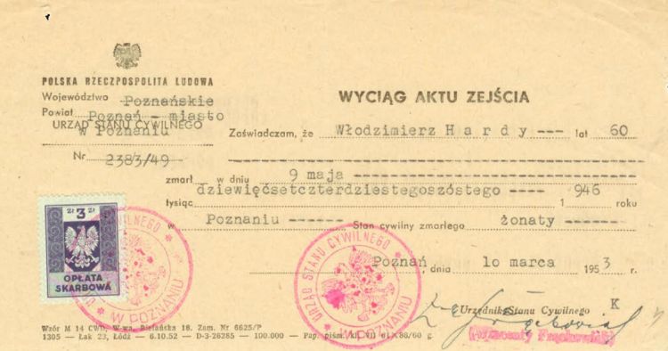 Wystawiony po wojnie przez Urząd Stanu Cywilnego w Poznaniu wyciąg aktu zejścia mjr. Hardego z fałszywą datą śmierci.