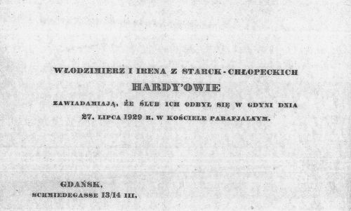 Zawiadomienie o ślubie Włodzimierza Hardego i Ireny Starck-Chłopeckiej.