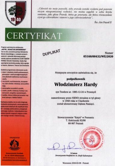 Certyfikat dębu pamięci Włodzimierza Hardy'ego
