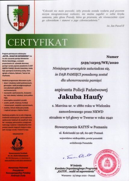 Haufa_Jakub-CertyfikatDabPamieci Certyfikat Jakuba Haufy - Dąb Pamięci