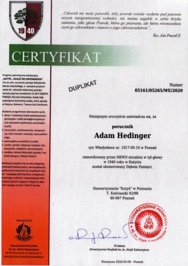 Hedinger_Adam-certyfikat Certyfikat dębu pamięci Adama Hedingera