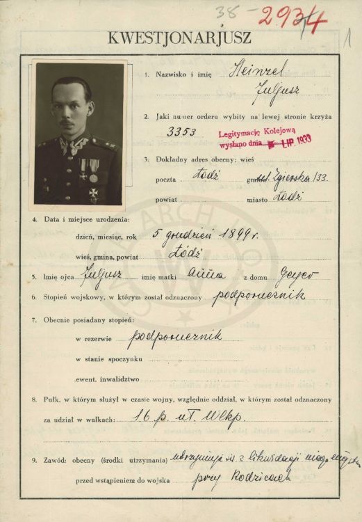 Kwestionariusz Juliusza Heinzela.