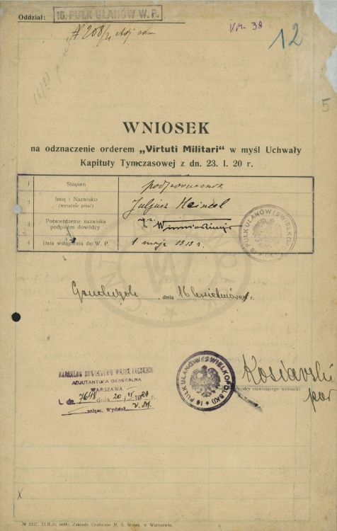 Wniosek o Virtuti Militari - Juliusz Roman Heinzel.