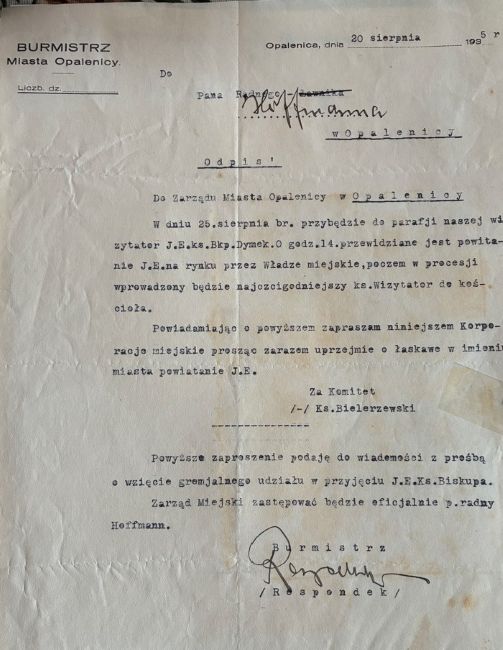 Zawiadomienie burmistrza Opalenicy o wizycie duszpasterza.